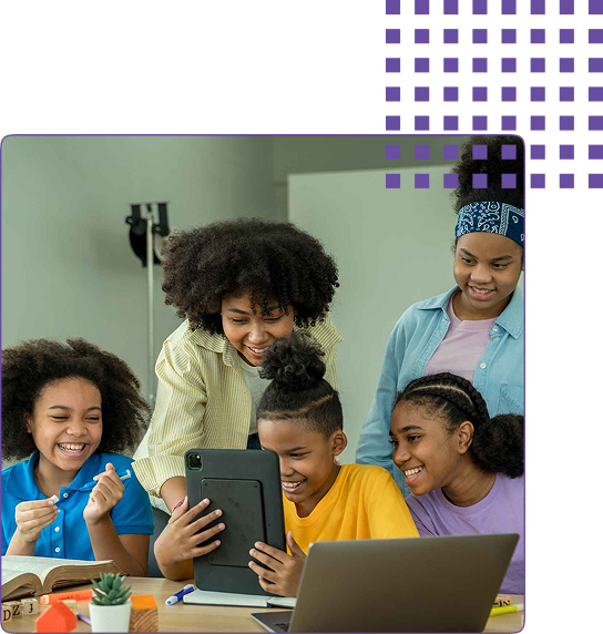 Picture of five (5) girls interacting with an iPad